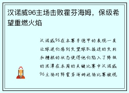 汉诺威96主场击败霍芬海姆，保级希望重燃火焰